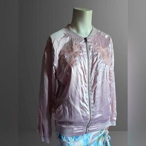 AQUA Pink Satin Floral Embroidered Bomber Jacket Small